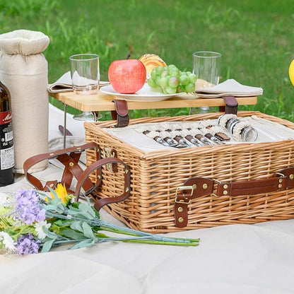 Multifunctional Wicker Picnic Basket Set for 4 with Blanket and Picnic Table, Insulated Picnic Set with Full Tablewares for Camping Outdoor Couples,Natural