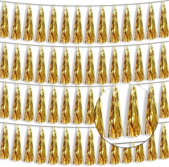 4P Gold Foil Fringe Tassel Banner Garland Metallic Tinsel Streamers Wall Hanging Curtain Backdrop Banner for Parade Floats, 2024 Graduation Decorations, Wedding Party Decoration