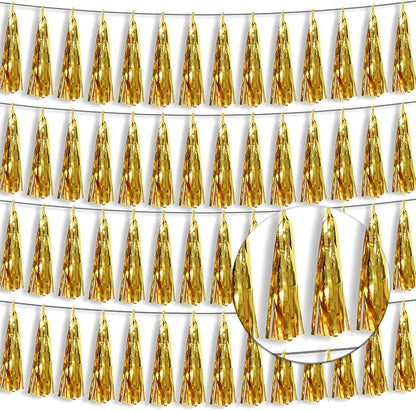 4P Gold Foil Fringe Tassel Banner Garland Metallic Tinsel Streamers Wall Hanging Curtain Backdrop Banner for Parade Floats, 2024 Graduation Decorations, Wedding Party Decoration