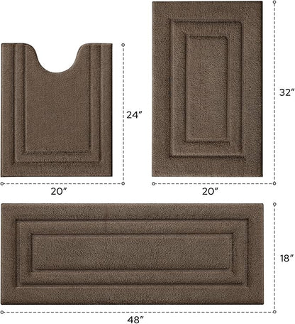 HOMEIDEAS Bathroom Rugs Sets 3 Piece, Microfiber Shaggy Bath Mat Set, Non-Slip Ultra Soft Carpet Mats, Large Rugs with U-Shaped Toilet for Bathroom, Tub, Shower, Brown