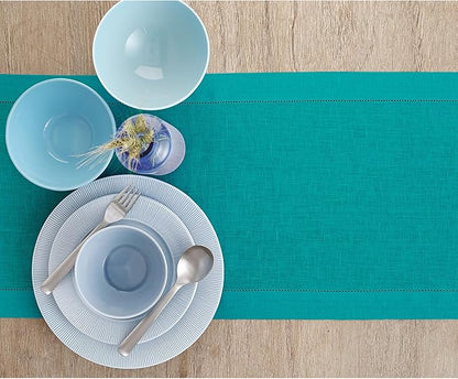 Solino Home Linen Teal Table Runner 108 Inches Long - 100% Pure Linen Hemstitch 14 x 108 Inch Table Runner for Dining, Fall, Autumn, Christmas, New Year - Classic Hemstitch