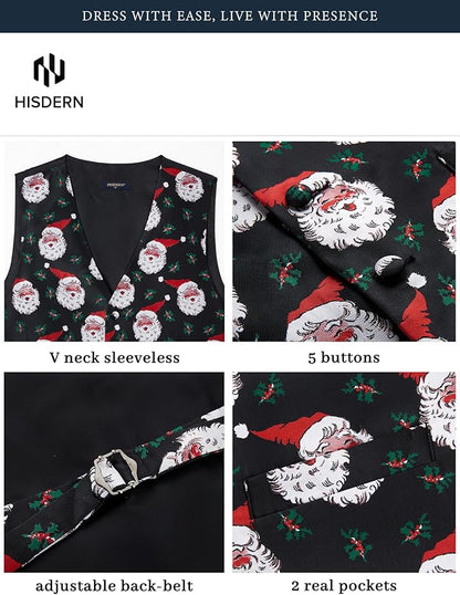 HISDERN Men's Suit Vest Christmas Holiday Season Party Jacquard Waistcoats Necktie Pocket Square Vest Suit Set