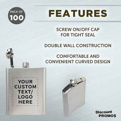 Custom Murano Stainless Steel Hip Flasks 6 oz. Set of 100, Personalized Bulk Pack - Screw on Cap, Great for Wedding Party Gifts, Groomsmen Gifts, Outdoor Activities - Silver