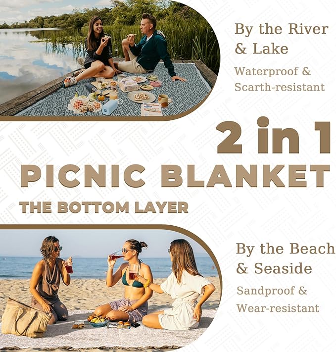 Genovega 2 in 1 Extra Large 80"* 80" Picnic Blankets Waterproof Outdoor Beach Blanket Foldable Camping Mat Supplies Europe Travel Accessories Hawaii Necessities Hiking Items Yellow