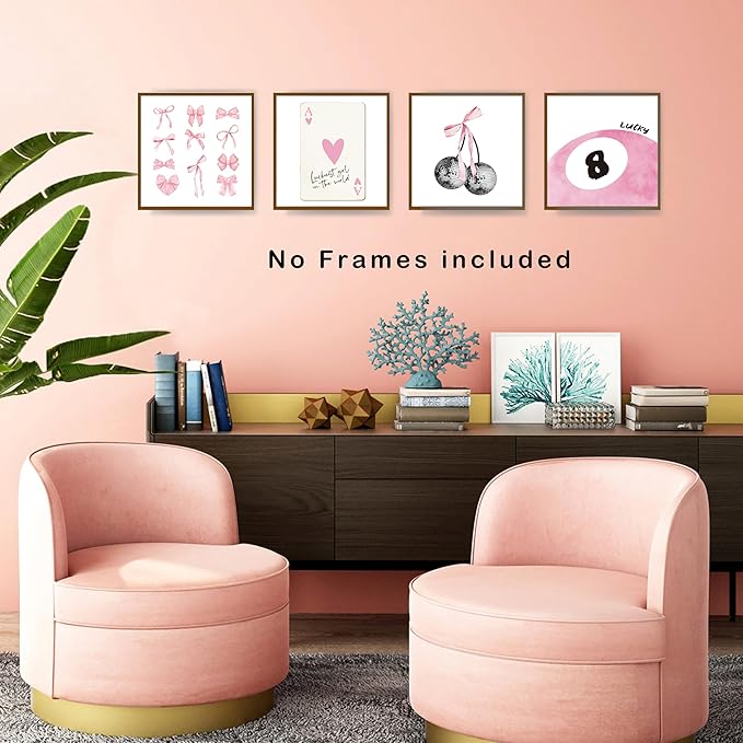 okaxscm Pink Coquette Trendy Preppy Wall Art Prints Set of 4, Coquette Room Decor, Preppy Room Decor Aesthetic, Pink Bow Disco 8 Ball Cherry Wall Decor Posters for Girls Bedroom Dorm, 10x10 Unframed