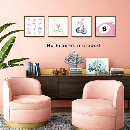 okaxscm Pink Coquette Trendy Preppy Wall Art Prints Set of 4, Coquette Room Decor, Preppy Room Decor Aesthetic, Pink Bow Disco 8 Ball Cherry Wall Decor Posters for Girls Bedroom Dorm, 10x10 Unframed