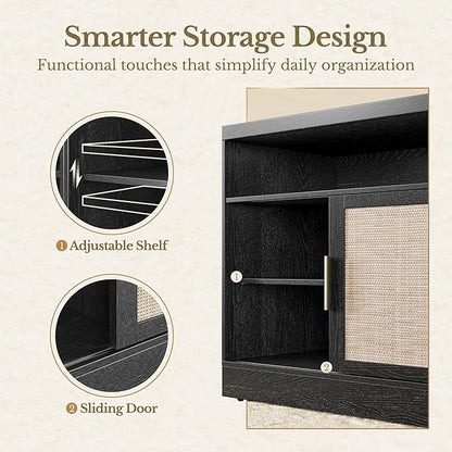 File Cabinet with Sliding Door, 32'' Rattan Office Cabinet with Open Adjustable Storage Shelves, Wood Filing Cabinet for Home Office, Black
