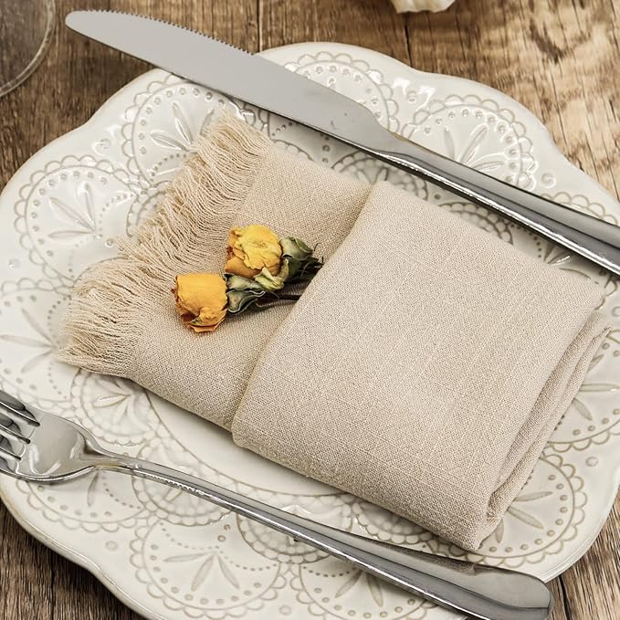 Handmade Cloth Napkins with Fringe,18 x 18 Inches Cotton Linen Napkins Set of 4 Versatile Handmade Square Rustic Fringe Napkins for Dinner, Wedding and Parties, Beige