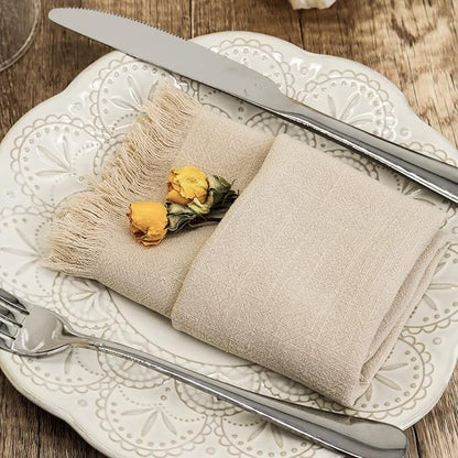 Handmade Cloth Napkins with Fringe,18 x 18 Inches Cotton Linen Napkins Set of 4 Versatile Handmade Square Rustic Fringe Napkins for Dinner, Wedding and Parties, Beige