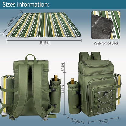 Hap Tim Picnic Basket Backpack for 4 Person with Blanket, Insulated Leakproof Cooler Compartment, Wine Holder, Cutlery Set, Engagement Gifts for Couples, White Elephant Gift Ideas, Green (36221-GR)