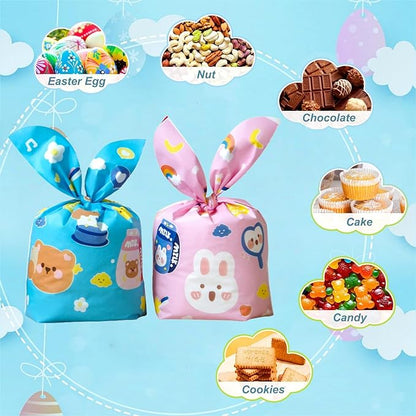 FERENLI 50 Pack Reusable Easter Gift Bags with Bunny Ears Goodie Treat Plastic Snack Candy Bags for Rabbit Bunny Birthday Party Favor Supplies (2 Mixed Colors, 5.3x9.1 inch(13.5x23 cm))