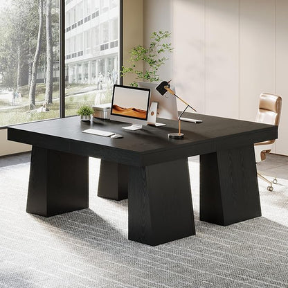 Tribesigns 55-Inch Executive Desk, Thick Wood Office Computer Desk with Double Pedestal, Modern Minimalist Workstations Writing Table Conference Table Furniture for Home Office, Black