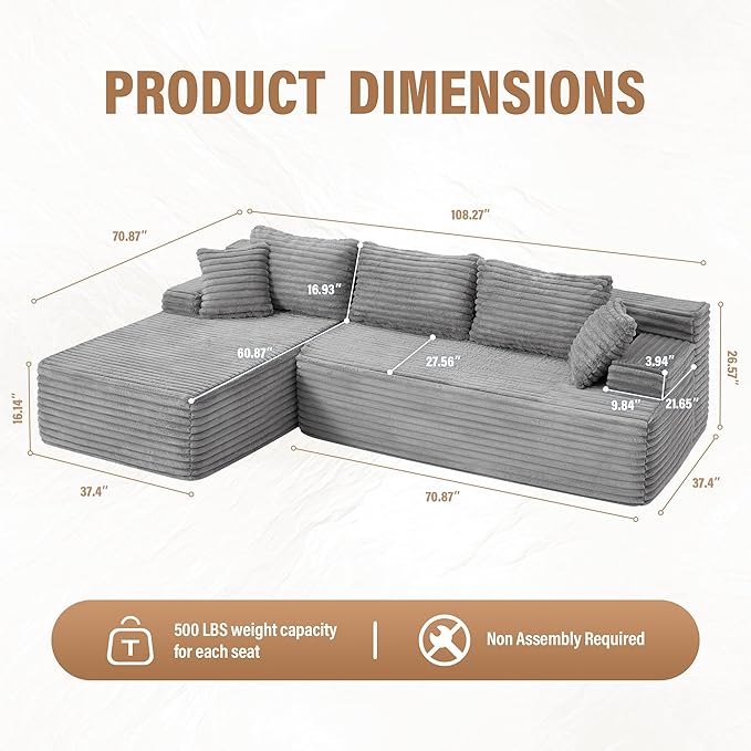 Hobestluk Modular Sectional Sofa Couches L-Shape Couch 3 Seat Modular Sofa Memory Foam Sectional Couches for Living Room, Cloud Couch with Oversized Chaise (Left Facing)