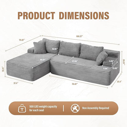 Hobestluk Modular Sectional Sofa Couches L-Shape Couch 3 Seat Modular Sofa Memory Foam Sectional Couches for Living Room, Cloud Couch with Oversized Chaise (Left Facing)