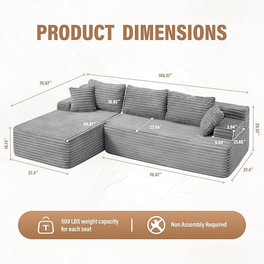 Hobestluk Modular Sectional Sofa Couches L-Shape Couch 3 Seat Modular Sofa Memory Foam Sectional Couches for Living Room, Cloud Couch with Oversized Chaise (Left Facing)