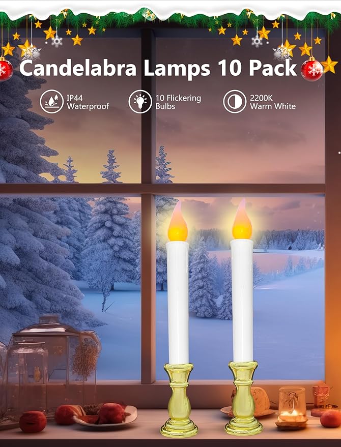 10 Pcs Battery Operated LED Window Candles with Timer, 10'' Flameless Flickering Christmas Window Candles with Suction Cups, Gold Base Taper Candlesticks Lights for Christmas Window Table Decorations