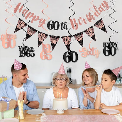 60th Birthday Decorations for Women, Black Rose Gold Happy 60th Birthday Banner Hanging Swirls Vintage 1965 Decorations Kit Cheers to 60 Party Supplies