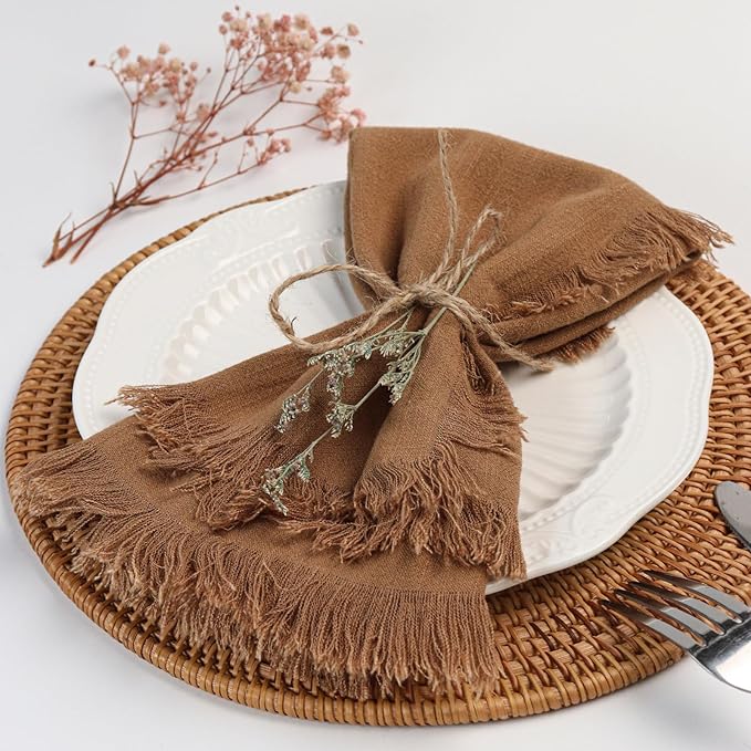 Handmade Cloth Napkins with Fringe,18 x 18 Inches Cotton Linen Napkins Set of 4 Versatile Handmade Square Rustic Fringe Napkins for Dinner, Wedding and Parties, Taupe