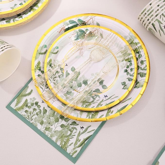 Sage Green Plates and Napkins Party Supplies - Sage Green Paper Plates Tableware Set for Baby Shower, Gender Neutral Birthday, Bride Shower, Wedding Table Decor, Serves 24