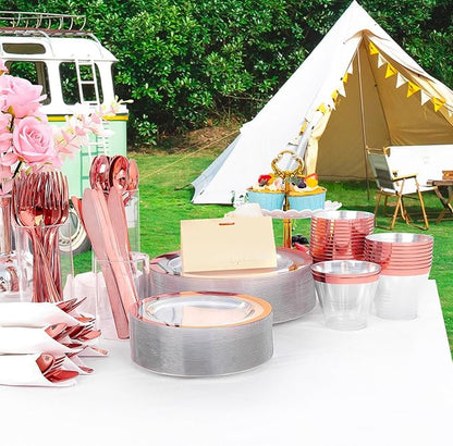 Liacere 350PCS Rose Gold Plastic Plates - Clear with Rose Gold Rim for 50Guests Dinnerware - Include 100 Plates disposable 150 PCS Silverware 50 Napkins for Wedding ＆ Party & Valentine’s Day