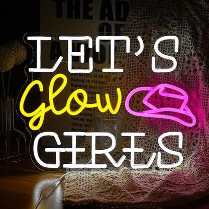 Let’s Glow Girls Neon Sign for Wall Decor 16.5‘’*12.2‘’ Light Up Sign Powered by USB Dimmable Led Cowboy Hat Neon Light for Girls Room Bedroom Party Wedding Gifts (White Yellow Pink)