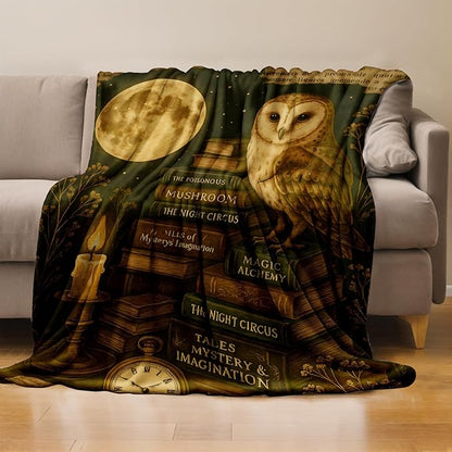 Mystical Owl and Moon Throw Blanket Gifts for Boys Girls Kids Adults, Vintage Magic Books Theme Flannel Blankets for Travel Sofa Living Room Decor 60"X80"