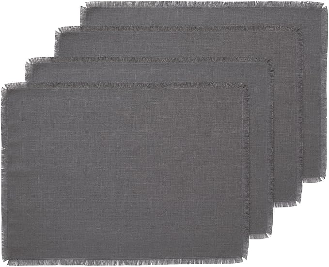 Solino Home Linen Fringe Cloth Placemats Set of 4-100% Pure Linen Charcoal Placemats 14 x 19 Inch for Fall, Autumn, Winter, Christmas, Holiday, New Year - Handcrafted and Machine Washable