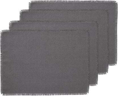 Solino Home Linen Fringe Cloth Placemats Set of 4-100% Pure Linen Charcoal Placemats 14 x 19 Inch for Fall, Autumn, Winter, Christmas, Holiday, New Year - Handcrafted and Machine Washable