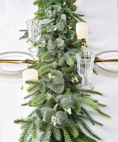 DearHouse Pine Garland Christmas Decoration, Artificial Greenery Garland Norfolk Pine Leaves and Eucalyptus for Holiday Season Mantel Fireplace Table Runner Centerpiece (Pine Garland with Eucalyptus)