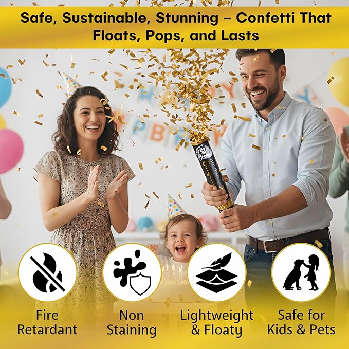 2 Pack 12 Inch Golden Mylar Confetti Poppers Set for Anniversary, Wedding, Graduation, New Year, Birthday Party Celebrations | Releases 15 ft in the Air