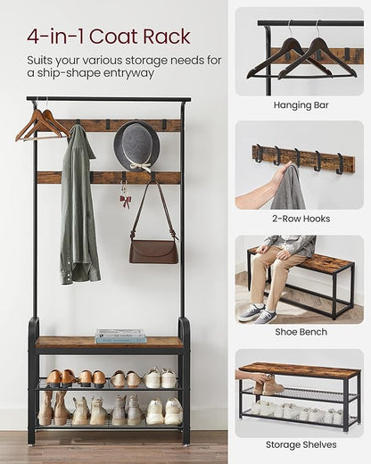 VASAGLE Coat Rack, Hall Tree with Shoe Bench for Entryway, Entryway Bench with Coat Rack, 4-in-1, with 9 Removable Hooks, a Hanging Rod, 13.3 x 33.1 x 72.1 Inches, Rustic Brown and Black UHSR400B01