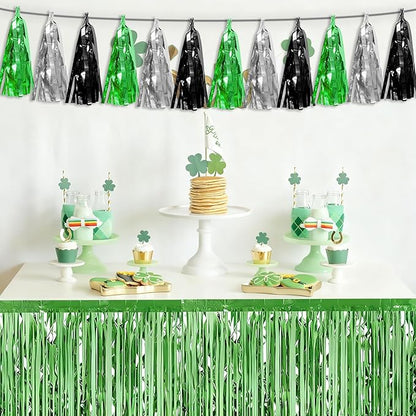 3P Black Silver Green Tassel Banner Garland Metallic Foil Fringe Banner Tinsel Tassels Streamer Banner Backdrop for Parade Floats, Graduation Decorations, Halloween, Christmas Decorations