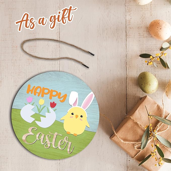 10" Easter Round Wooden Hanging Sign With Sisal Rope - Happy Easter - Chick And Bunny Ear Wooden Plaque For Front Door, Porch, Outdoor Indoor, Farmhouse Wall Decor Party Favor & Decorations - B01
