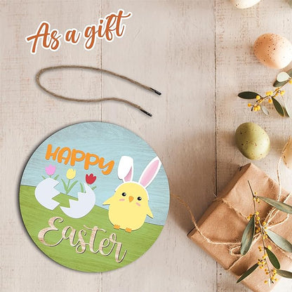 10" Easter Round Wooden Hanging Sign With Sisal Rope - Happy Easter - Chick And Bunny Ear Wooden Plaque For Front Door, Porch, Outdoor Indoor, Farmhouse Wall Decor Party Favor & Decorations - B01