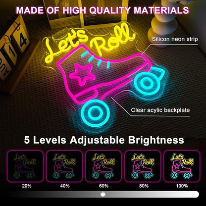 Lucunstar Let's Roll Neon Sign Roller Skating Neon Dimmable Led Sign Party Wall Decor Neon Light up Signs for Roller Skates Store Club Sports Venues Sign Player Room Gift