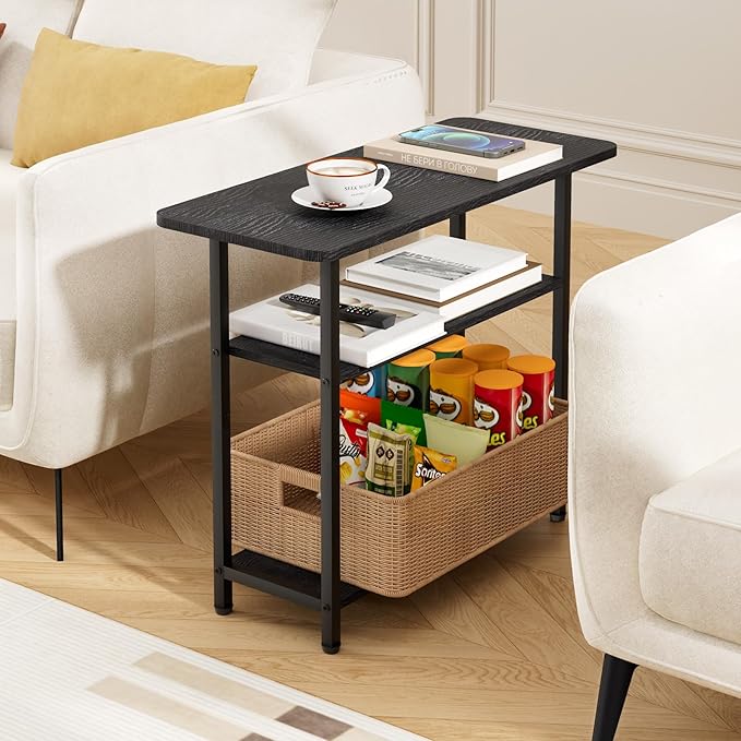 SLEEPING LAMB Side Table for Living Room, 3-Tier End Table for Small Space with Wide Storage Tabletop, Classic Black Narrow Nightstand for Bedroom, Sofa Couch
