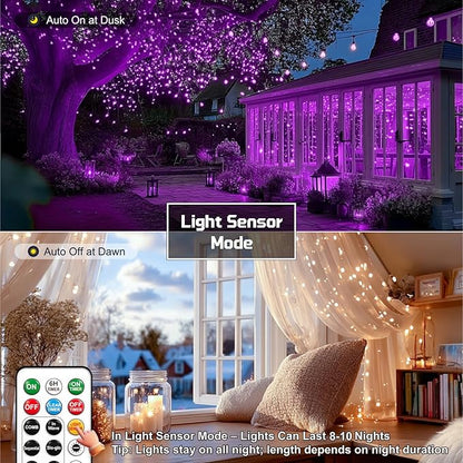 HXWEIYE Rechargeable Fairy Lights with Remote, 2 Pack 33ft 100LED Twinkle Lights with DIY Timer & Light Sensor, Waterproof Outdoor String Lights for Bedroom Patio Christmas Tree Decor, Purple