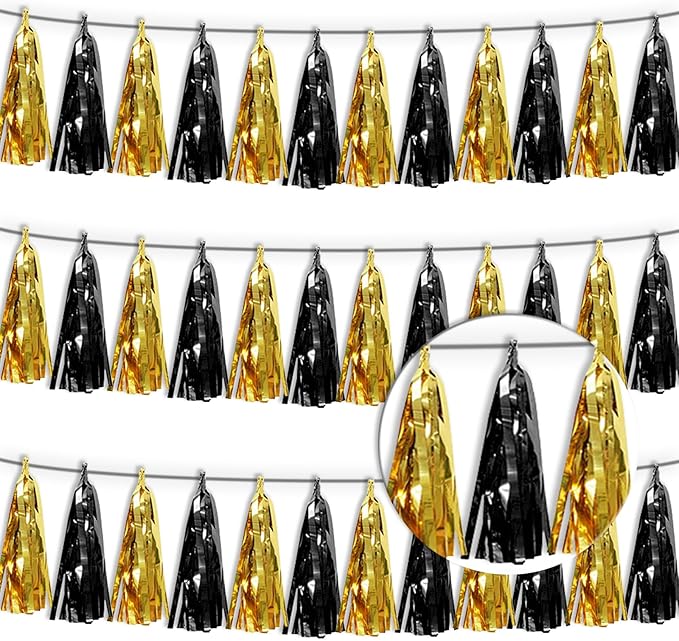 3P Black Gold Tassel Banner Garland Metallic Foil Fringe Banner Tinsel Tassels Streamer Banner Backdrop for Parade Floats, 2025 Graduation Decorations, Father's Day,New Years Party Decoration