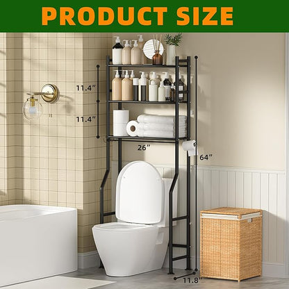3-Tier Over Toilet Storage with Anti-Tilt Safety System - 150lb Total Capacity Metal Bathroom Shelves Including Paper Holder & 4 Hooks, Space Saving Above Commode Organizer (64" H, Black)