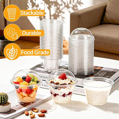 100 Sets 7oz Clear Plastic Cups with Dome Lids (No Hole), Disposable Dessert Cups for Fruit, Parfait, Pudding, Yogurt, Ice Cream, Snack, PET