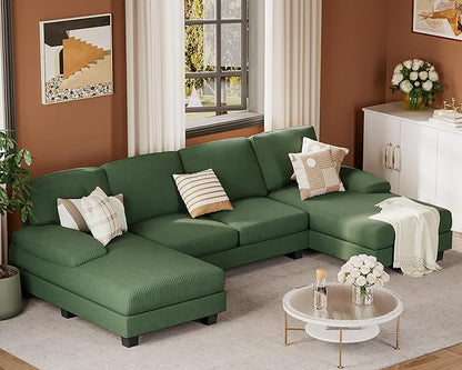 JUMMICO Sectional Couches for Living Room, U Shaped Couch with Chenille Fabric, 4 Seat Modern Sofa with Removable Pillows for Apartment and Small Space (Corduroy, Light Green)
