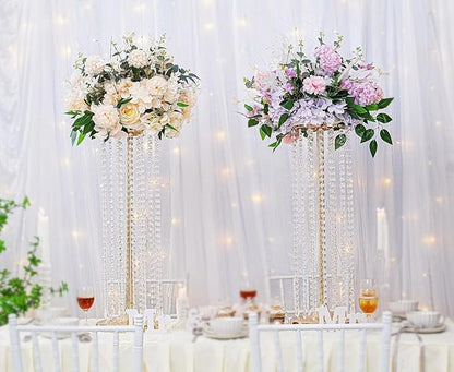 2Pcs 27.5inch Tall Crystal Gold Vases Wedding Flowers Stand, Elegant Wedding Decor Centerpiece Road Leads with Chandelier Acrylic Crystal Weddings Decoration Centerpiece Stands