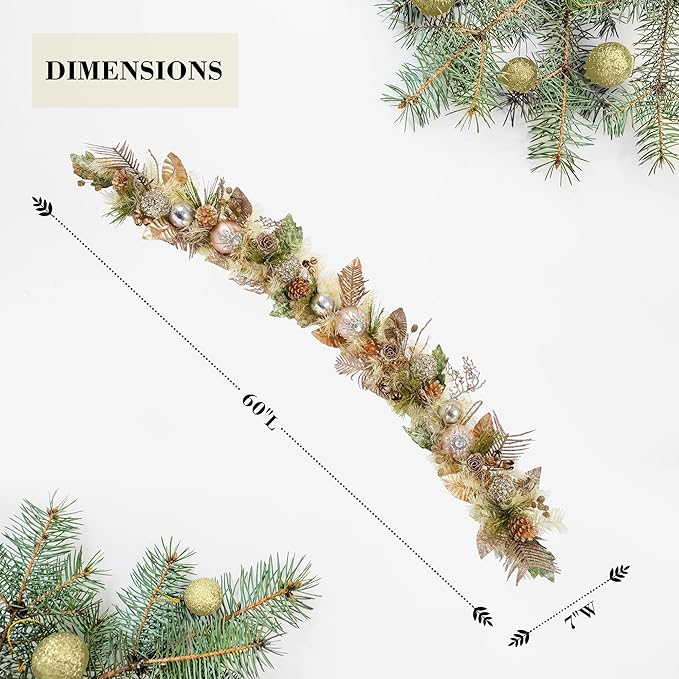 5 ft Christmas Garland for Mantle Unlit Garland for Stairs Railing, Banister, Staircase, Fireplace, for Table No Light, Garland Decor Frosted Red Poinsettia Holiday Tree (Sage Green Gold)