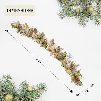 5 ft Christmas Garland for Mantle Unlit Garland for Stairs Railing, Banister, Staircase, Fireplace, for Table No Light, Garland Decor Frosted Red Poinsettia Holiday Tree (Sage Green Gold)