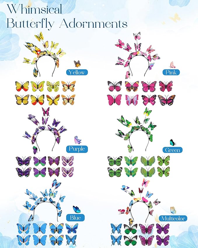 6Pack Butterfly Fascinator Headband Monarch Butterfly Crown with Clips Tea Party Nature-themed party Halloween costome Headpiece