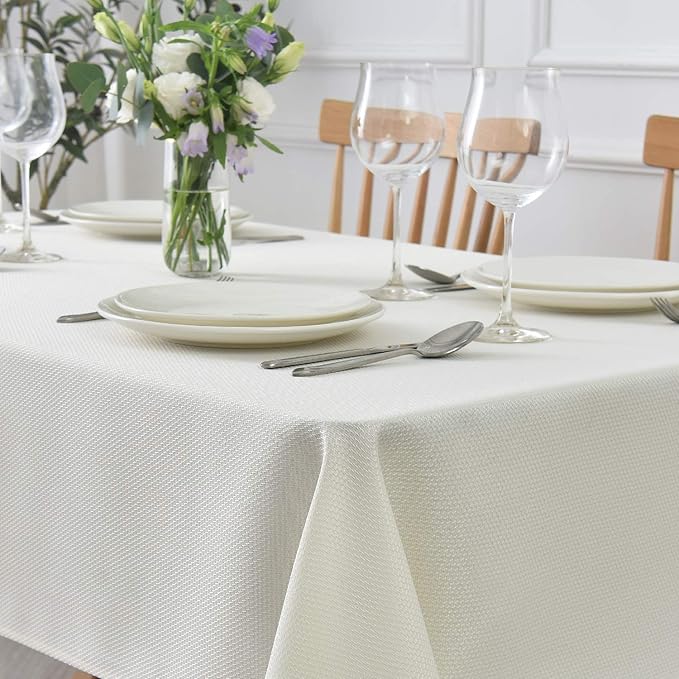 maxmill 2 Pack 60 x 84 Inch Ivory Textured Rectangle Tablecloth Water Resistant Wrinkle Free Spill-Proof, Soft Jacquard Table Cloth for Banquet Parties Event Holiday Dinner, Indoor and Outdoor Use