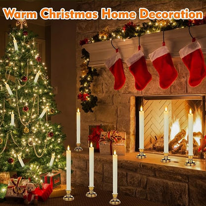 HINZER 6 Pcs Flameless Taper Candles with Remote & Timer 9.6 inch Real Wax Battery Operated LED Warm 3D Wick Flickering Window Candles for Halloween Christmas Wedding Decor, Ivory