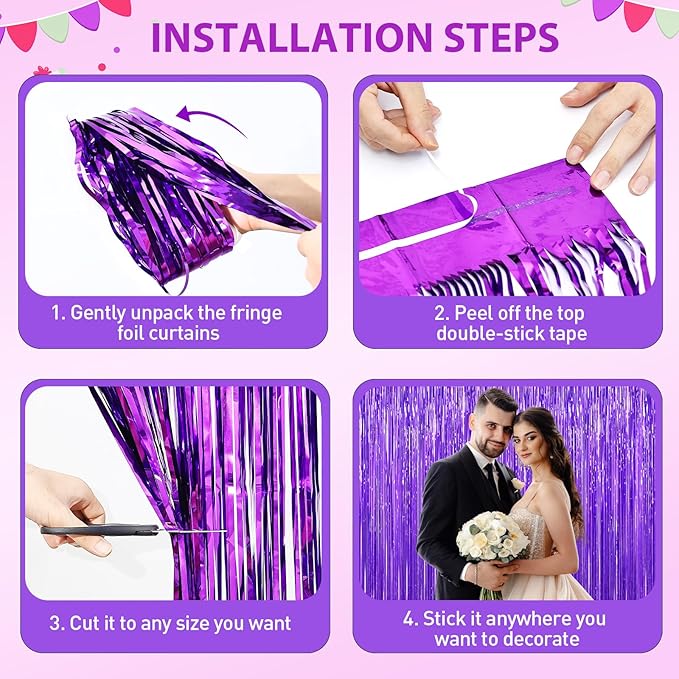 Purple Tinsel Backdrop Foil Fringe Curtains - 2 Packs Door Streamers Backdrop for Birthday Door Decorations, Party Supplies for Bachelorette, Graduation, Christmas, Disco Decor