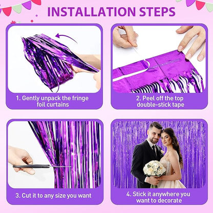 Purple Tinsel Backdrop Foil Fringe Curtains - 2 Packs Door Streamers Backdrop for Birthday Door Decorations, Party Supplies for Bachelorette, Graduation, Christmas, Disco Decor