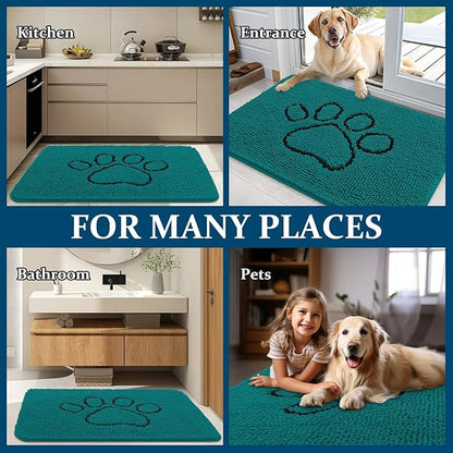 OLANLY Dog Door Mat for Muddy Paws 30x20, Paw Print Design, Absorbs Moisture and Dirt, Absorbent Non-Slip Washable Doormat, Quick Dry Chenille Mud Mat for Dogs, Entry Indoor Entryway Carpet, Lake Blue